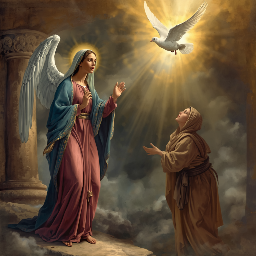 The Call depicting the Annunciation - the sacred moment when the angel visited Mary and the Holy Spirit descended upon her. Each image captures this profound biblical scene with Mary in humble prayer, the angelic messenger with wings, and the Holy Spirit represented as a dove surrounded by divine, radiant light. The images have a classical religious art style with rich colors and a reverent, peaceful atmosphere that conveys the spiritual significance of this moment.